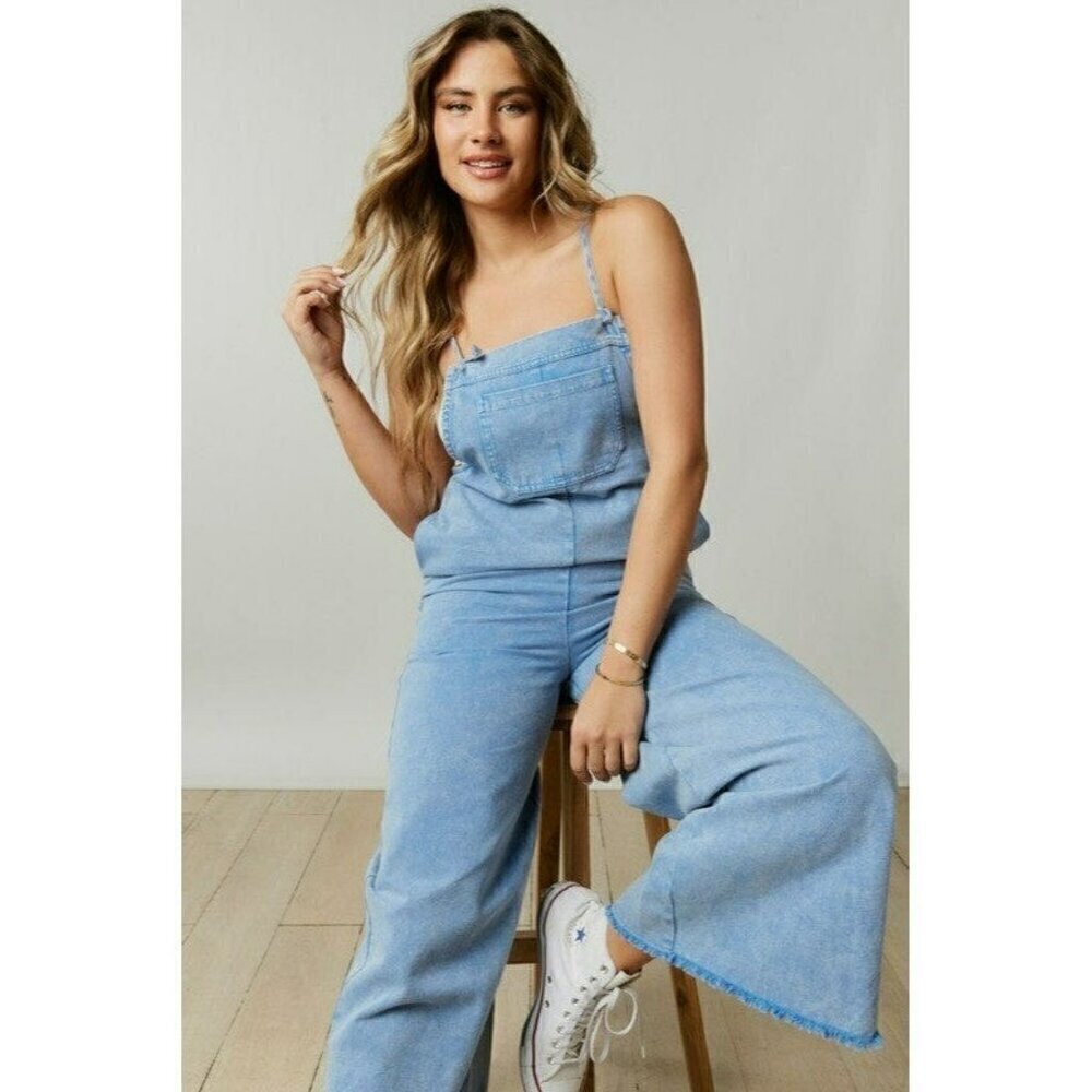 Just A Normal Girl Washed Denim Jumpsuit in Blue